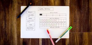 business goals reviews - a bullet journal opened to show their goal review