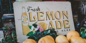 start summer business - sign reads, "fresh lemonade sold here"