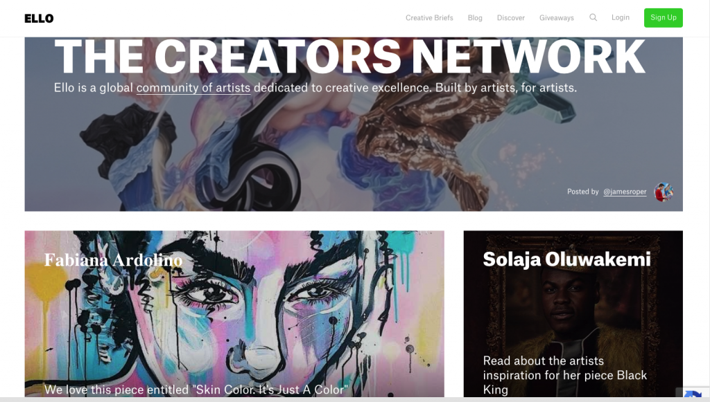 Ello's website screenshot is colorful and bold. It is a site that serves as a community of artists. 